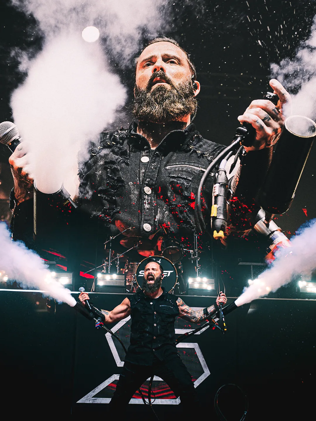 Collage of a singer firing CO2 cannons on an arena stage