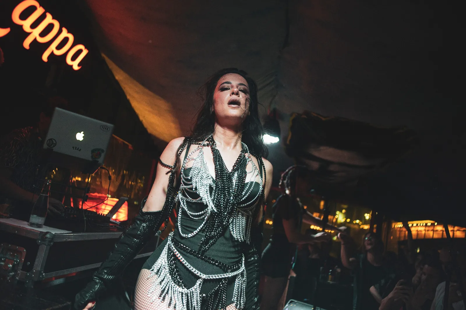 Singer in a chain outfit performing at a packed club show